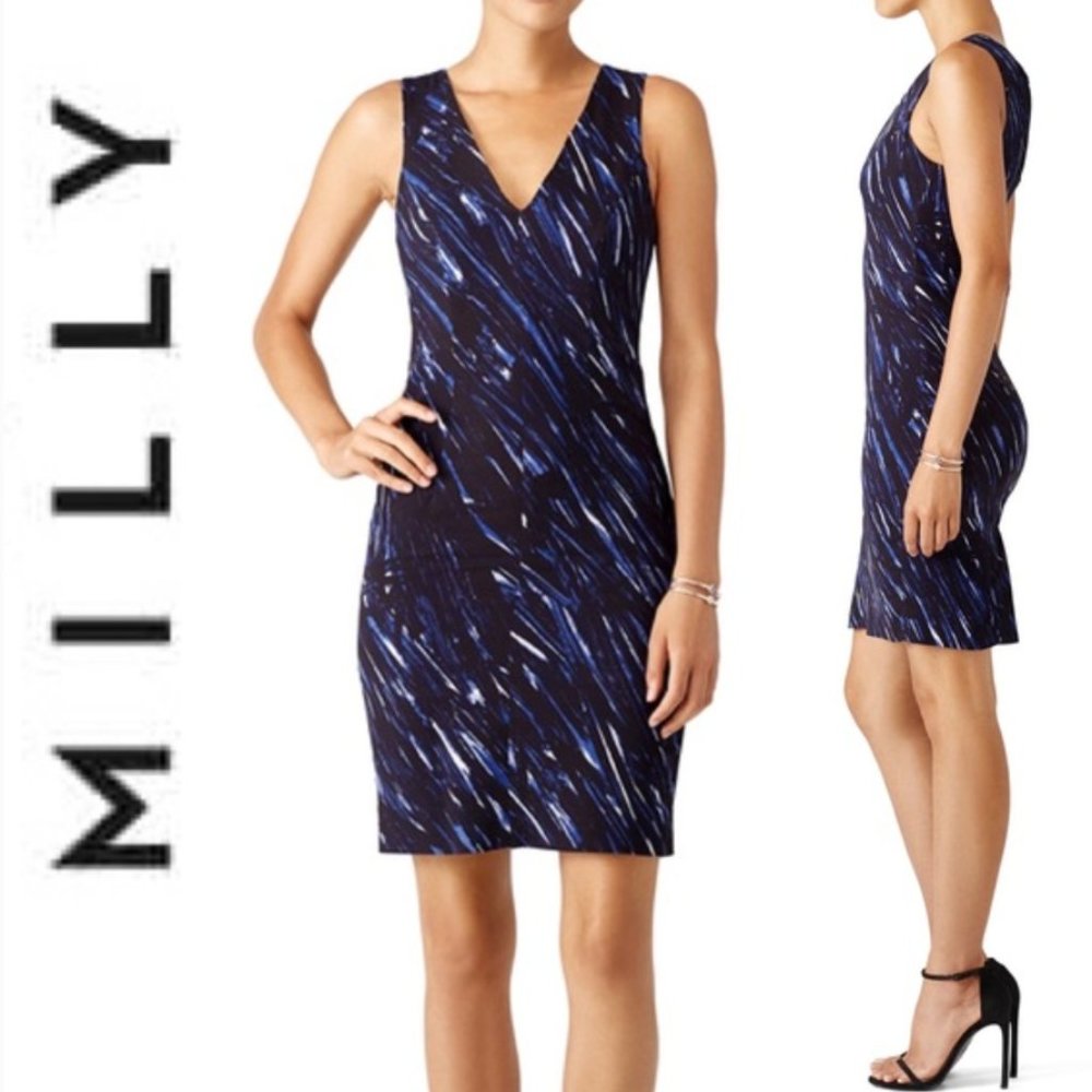 Milly Navy Blue Brushstroke Print V neck Sheath - Size 8 - NEVER WORN